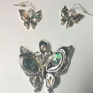 Butterfly Silver & Abalone Shell Metal Pendant Necklace Earrings Set 107AA